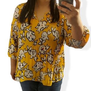Pleione Whimsical Pleated Yellow Floral Top